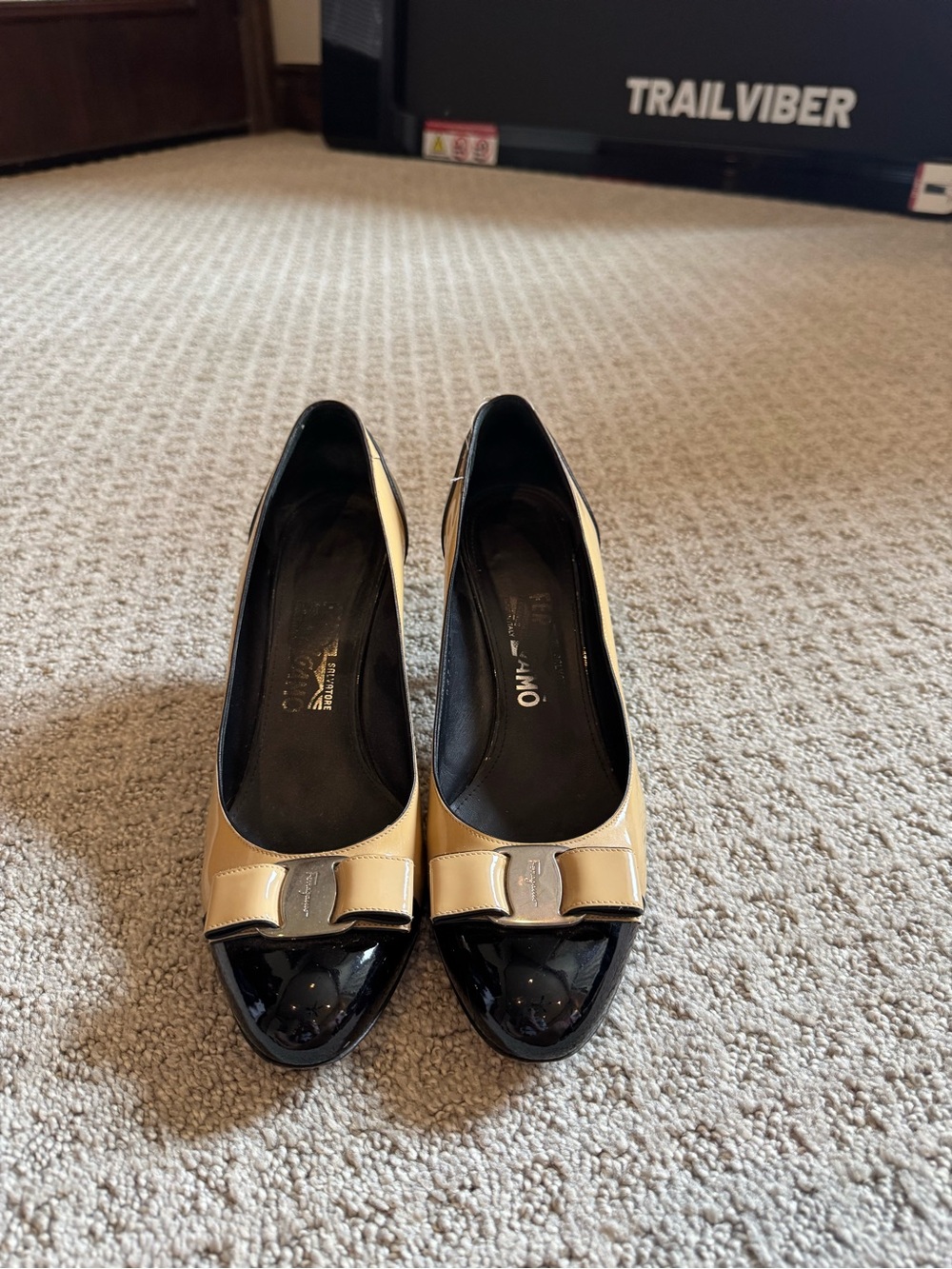 Salvatore Ferragamo Two-Tone Beige and Black Patent Leather Heels